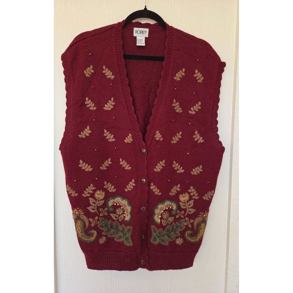 VTG Fall Burgundy Wool Blend Embroidered Floral Beaded Sweater Vest XL Cottage